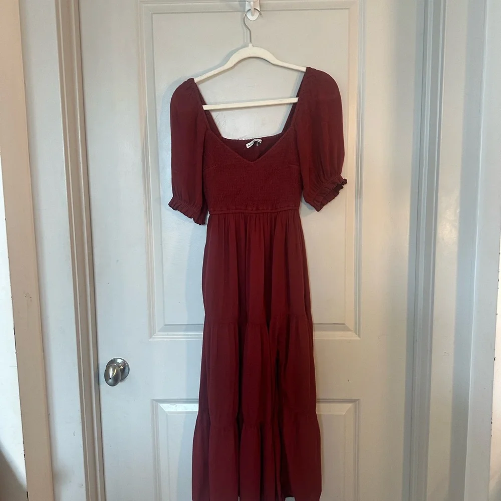 Abercrombie&Fitch Smock Front Puff Sleeve Tiered RuffleHem Burgundy Maxi Dress,S